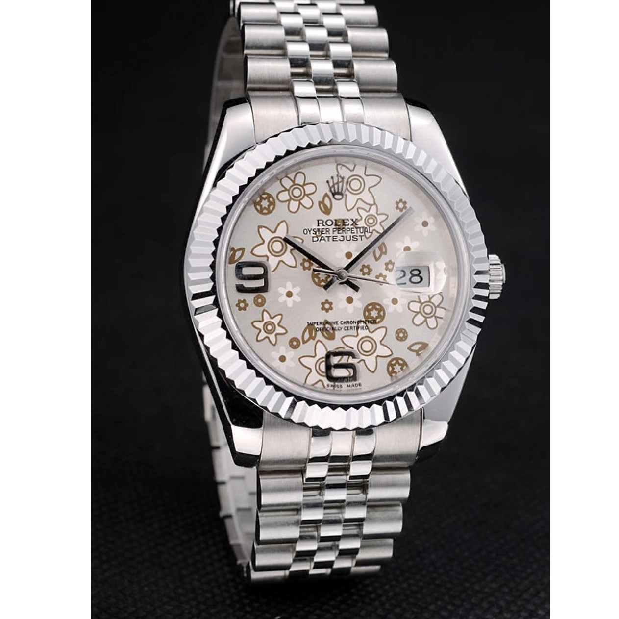 Rolex aaa copy 42001 Steel Dial Ribbed Stainless Rolex Swiss Flower Bezel Silver DateJust 0728